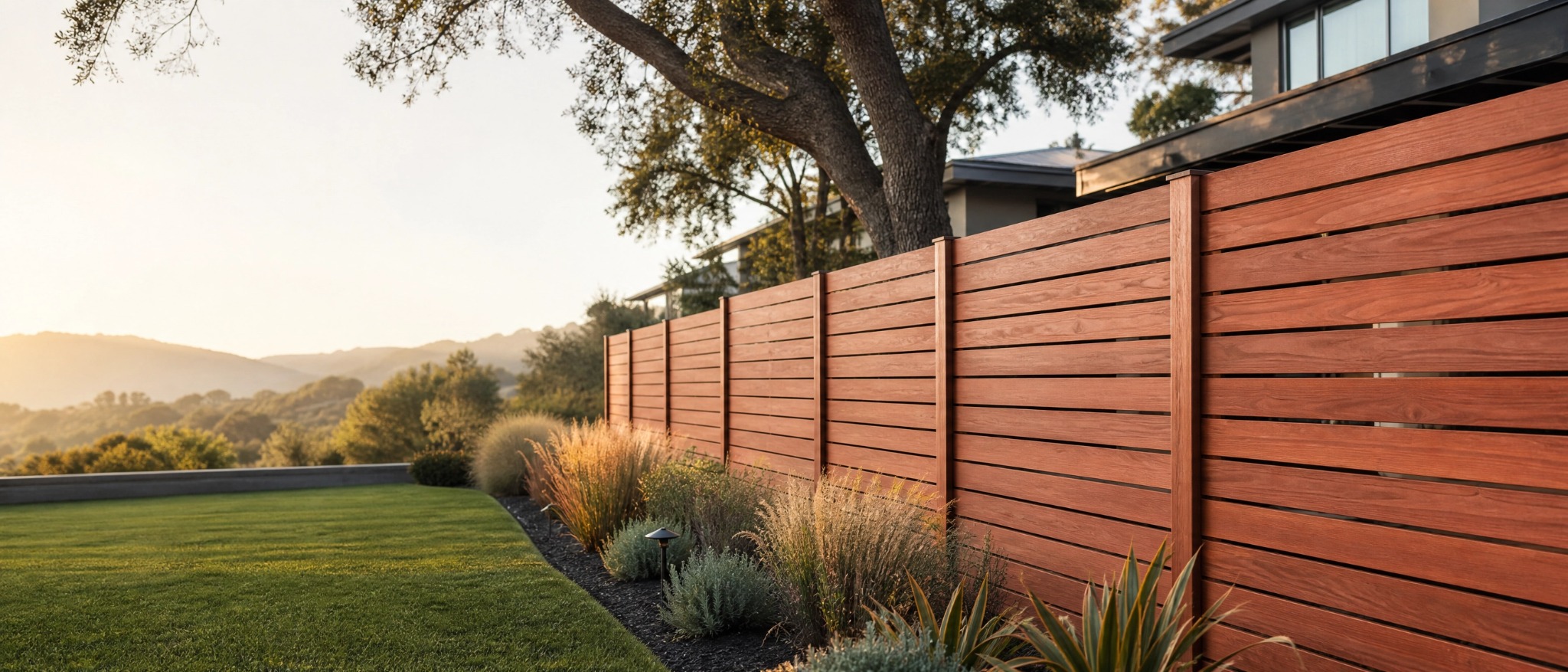 Horizontal redwood privacy fence overlooking the East Bay hills
